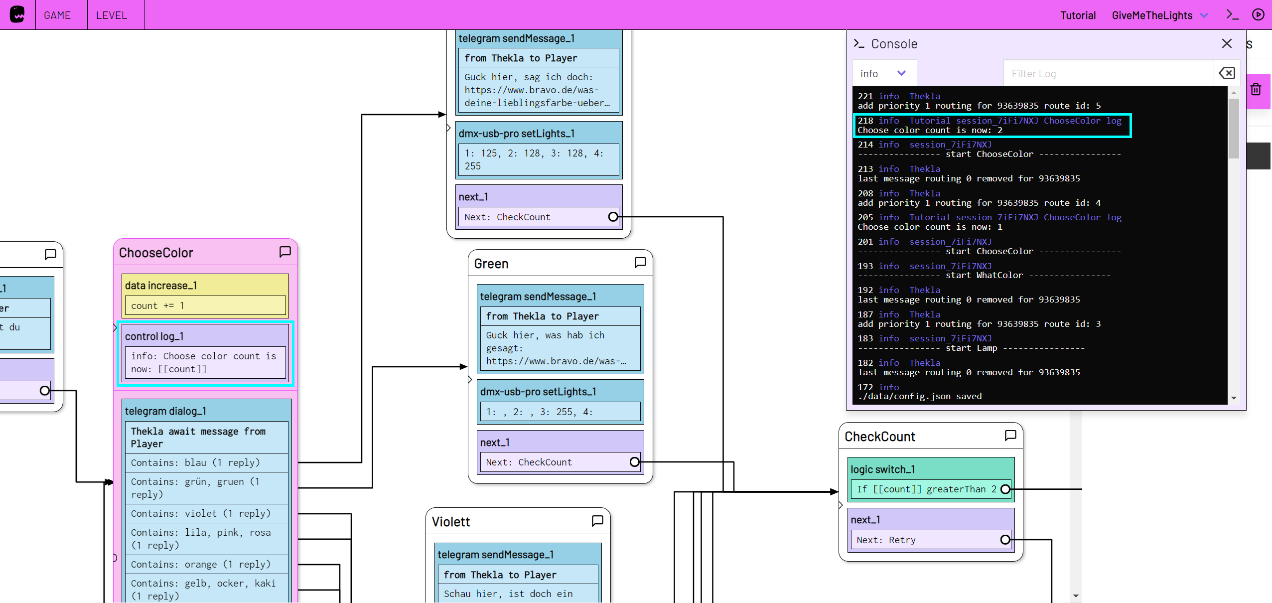 Screenshot die log action und die log konsole