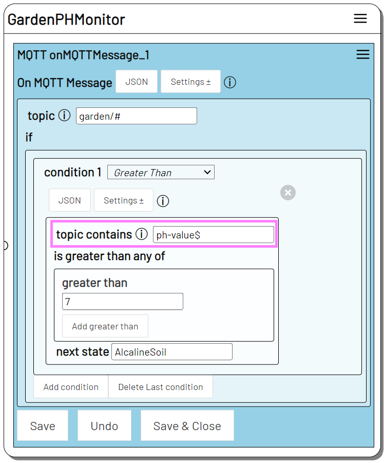 Screenshot On MQTT Message action mit topic contains option