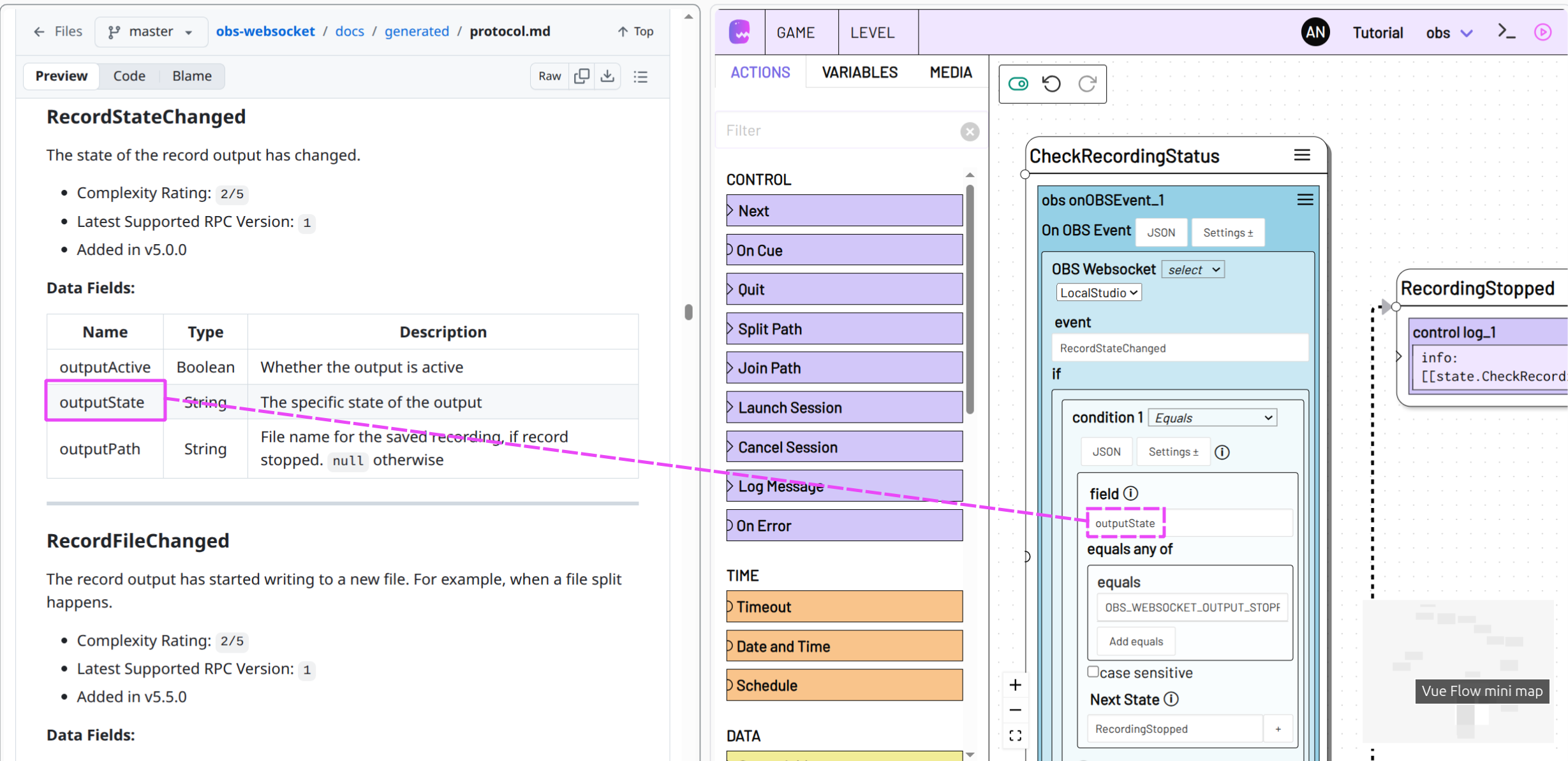 Screenshot On OBS Event Action mit Websocket Webseite. Kopieren von field Namen