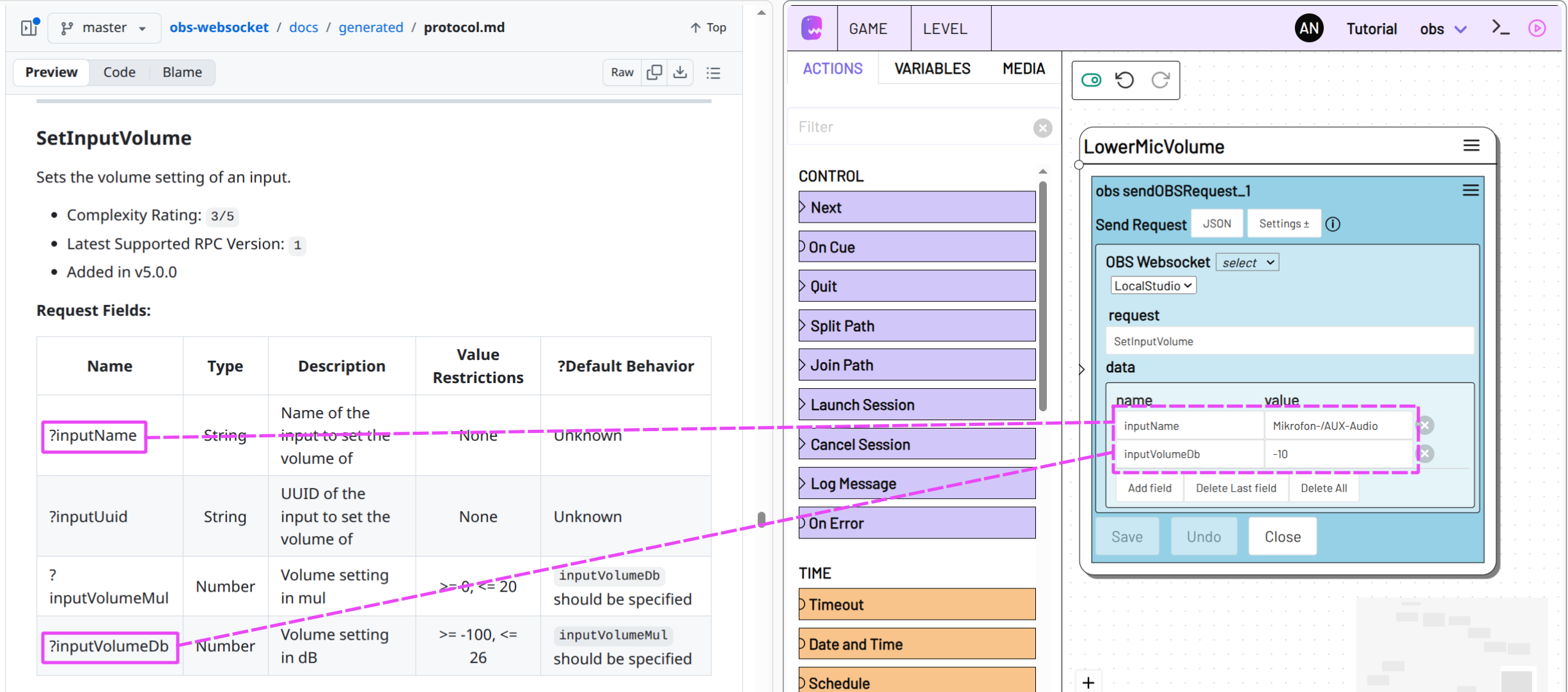 Screenshot von Websocket Protocol Webseite und adaptor:ex mit Send OBS Request Action