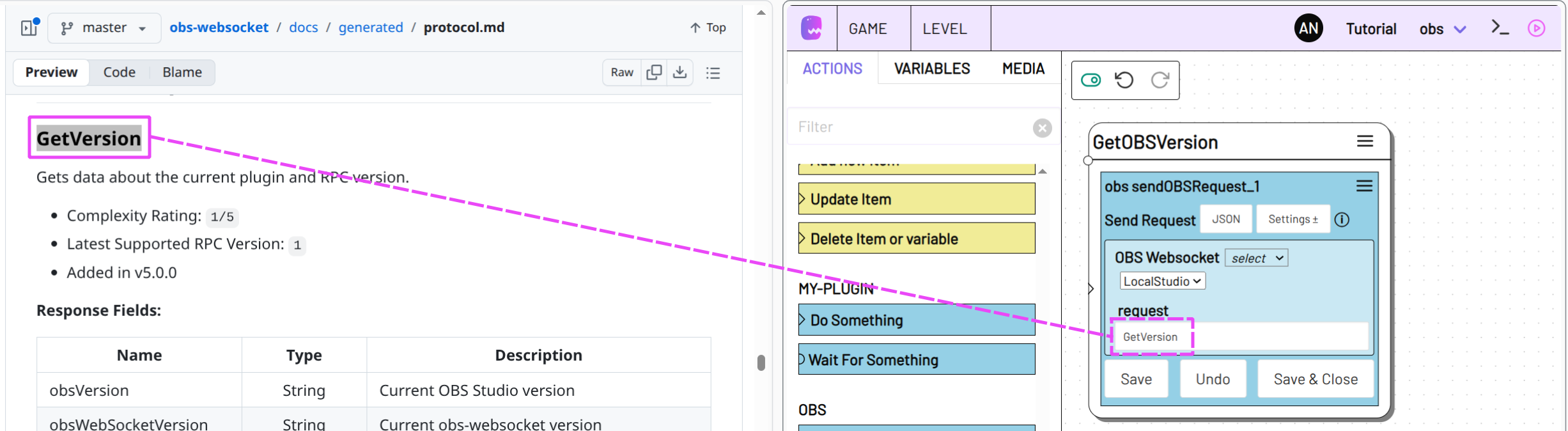 Screenshot von Websocket Protocol Webseite und adaptor:ex mit Send OBS Request Action
