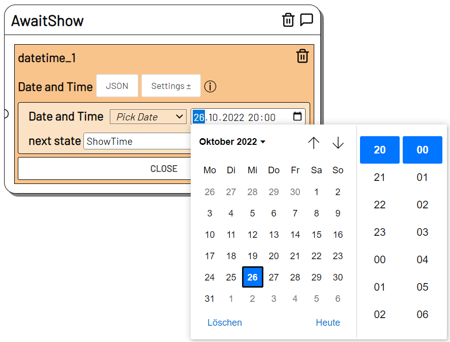 Screenshot: Einen Zeitpunkt in der date and time action auswählen