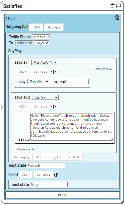 Screenshot eine Outgoing Call Action mit Audiofile und text to speech