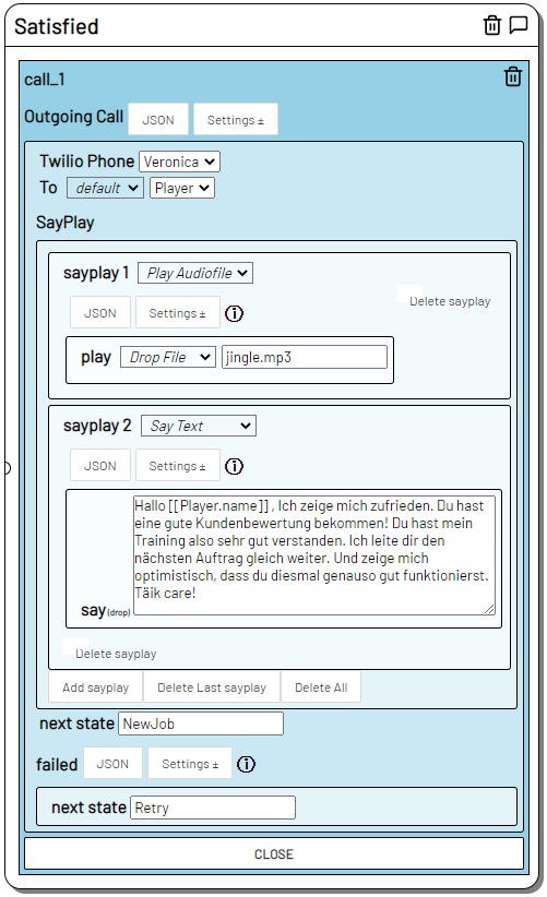 Screenshot of an outgoing call action with audio file and text to speech