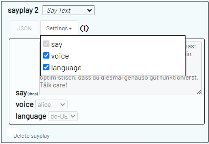 Screenshot of selecting an alternative voice and language