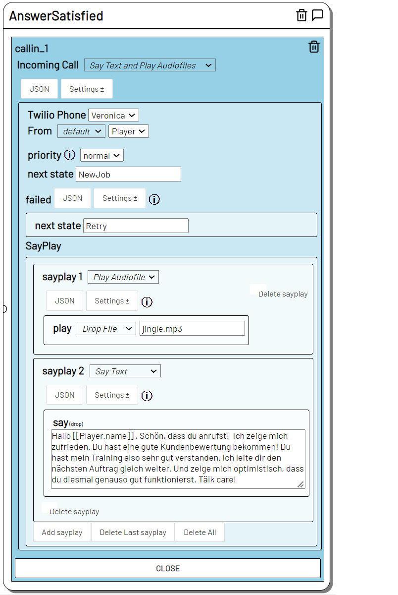 Screenshot eine Incoming Call Action mit Audiofile und text to speech