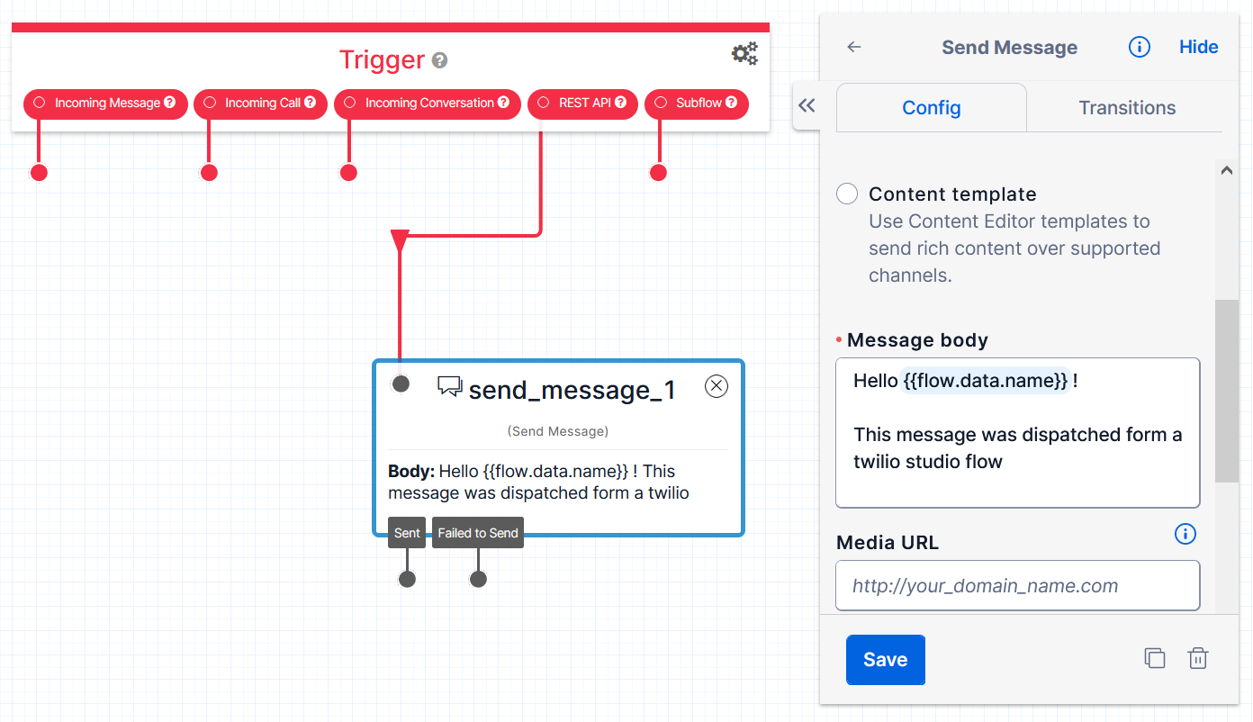 Screenshot: Twilio Studio Flow editor with send_message widget