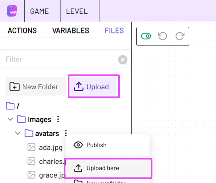 Screenshot of the FILES tab in the TOOLBAR with Upload highlighted
