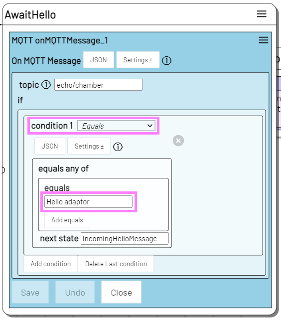 Screenshot: Defining an if On MQTT Message condition