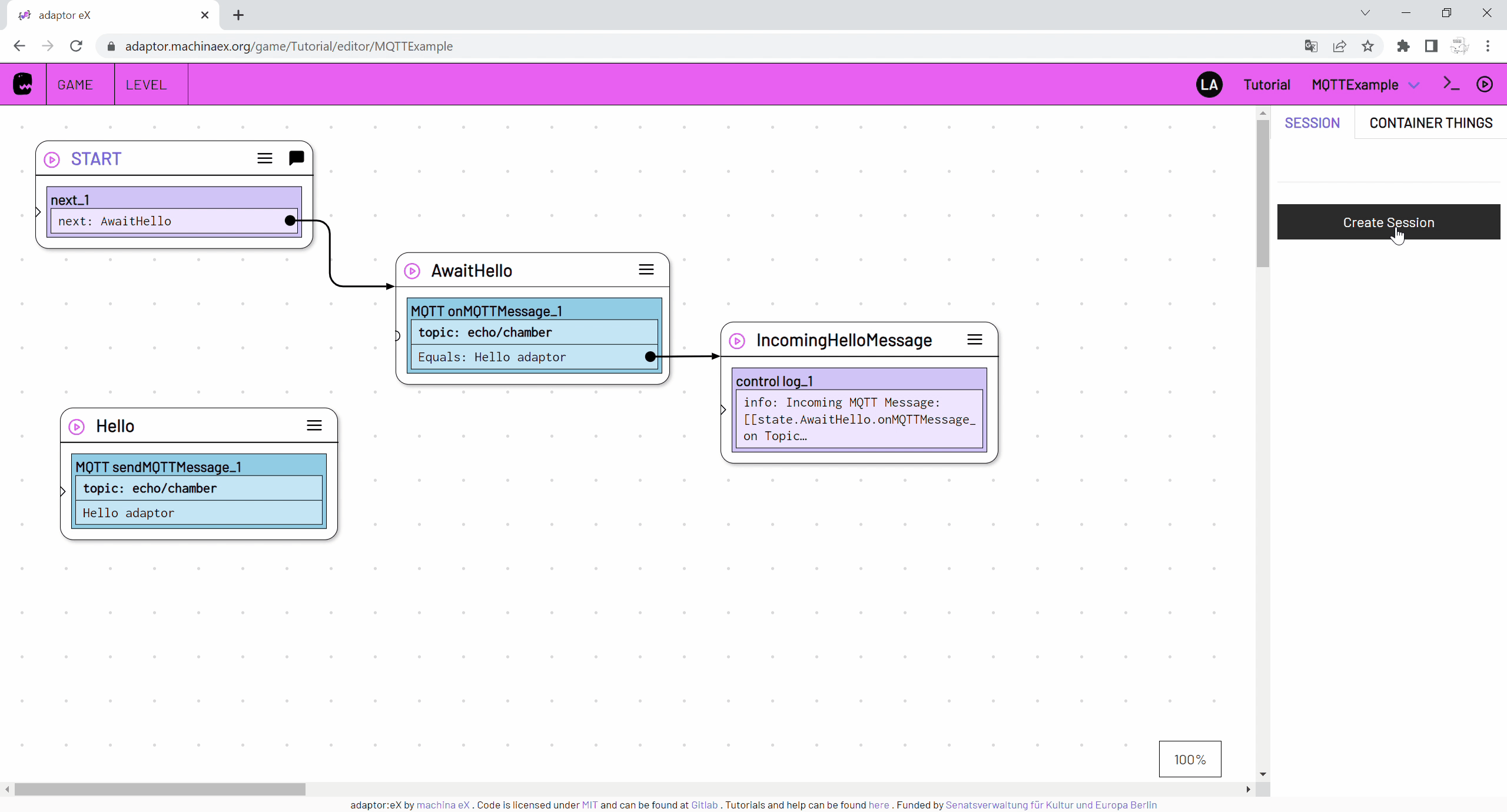 Screen capture: Klick auf Start Session, Session auswählen, Konsole öffnen, Klick auf Play Button von Hello State
