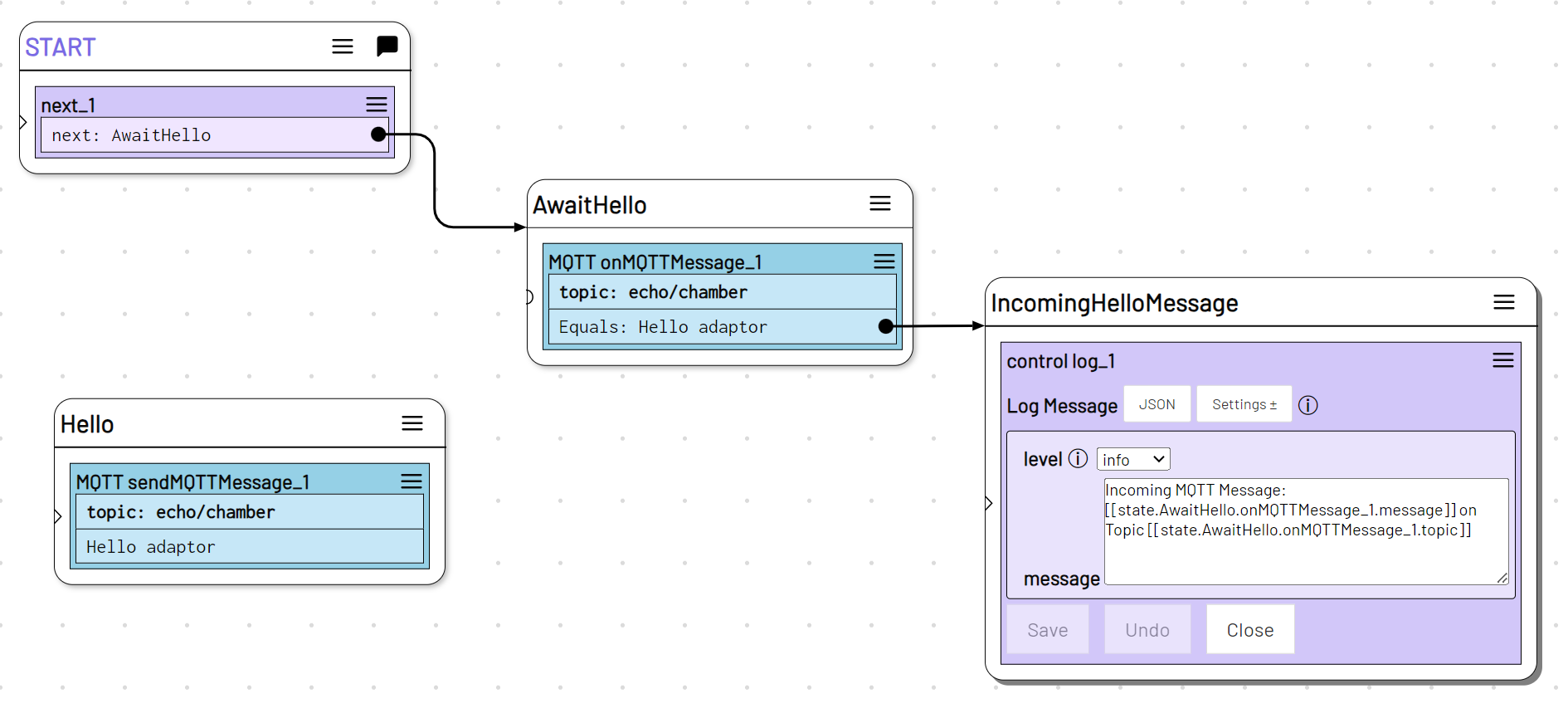 Screenshot: Das fertige Beispiel level mit On MQTT Message, Log Action und Send MQTT Message