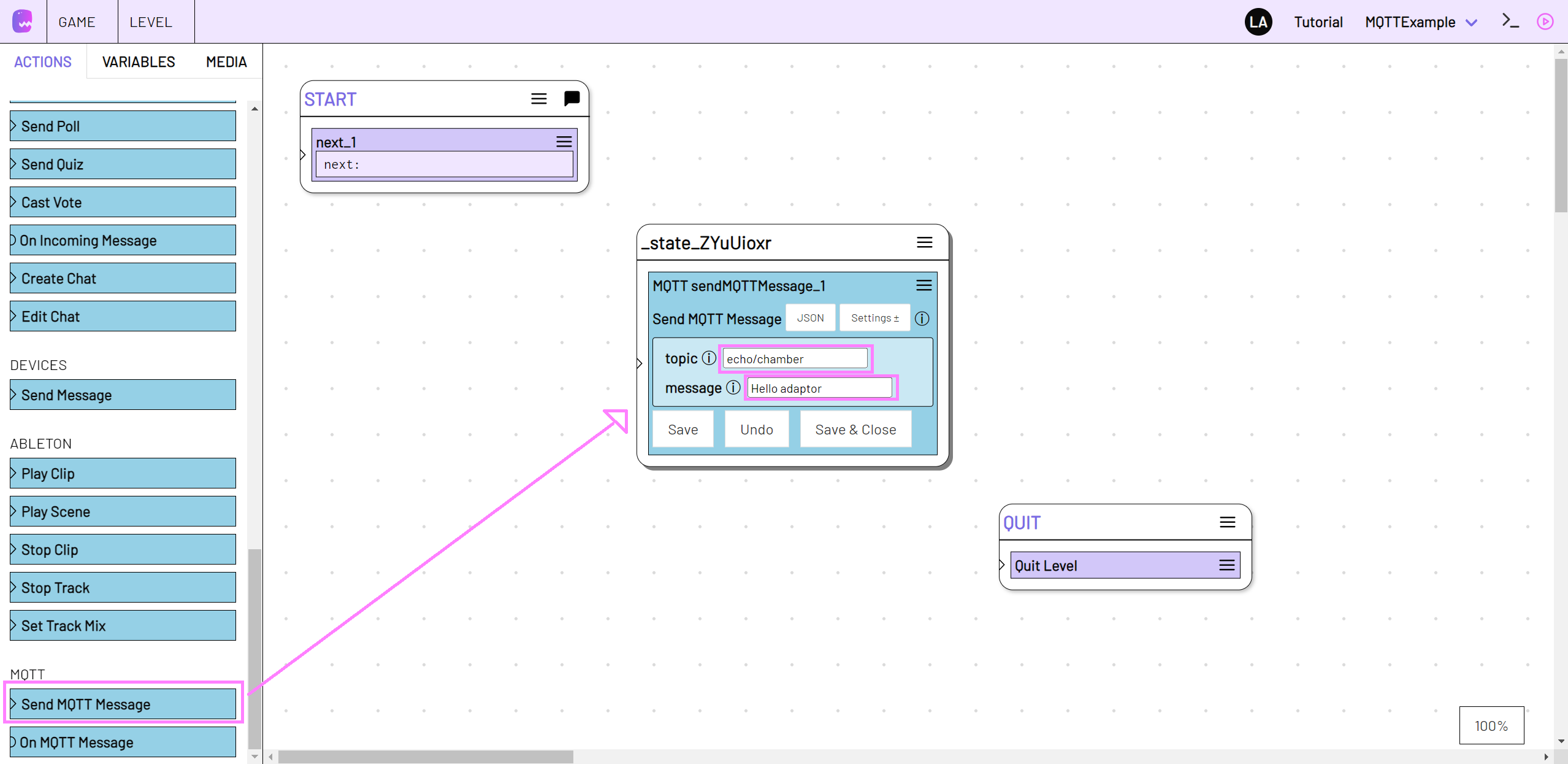 Screenshot: Eine mqtt sendMessage action auf die STAGE ziehen und bearbeiten