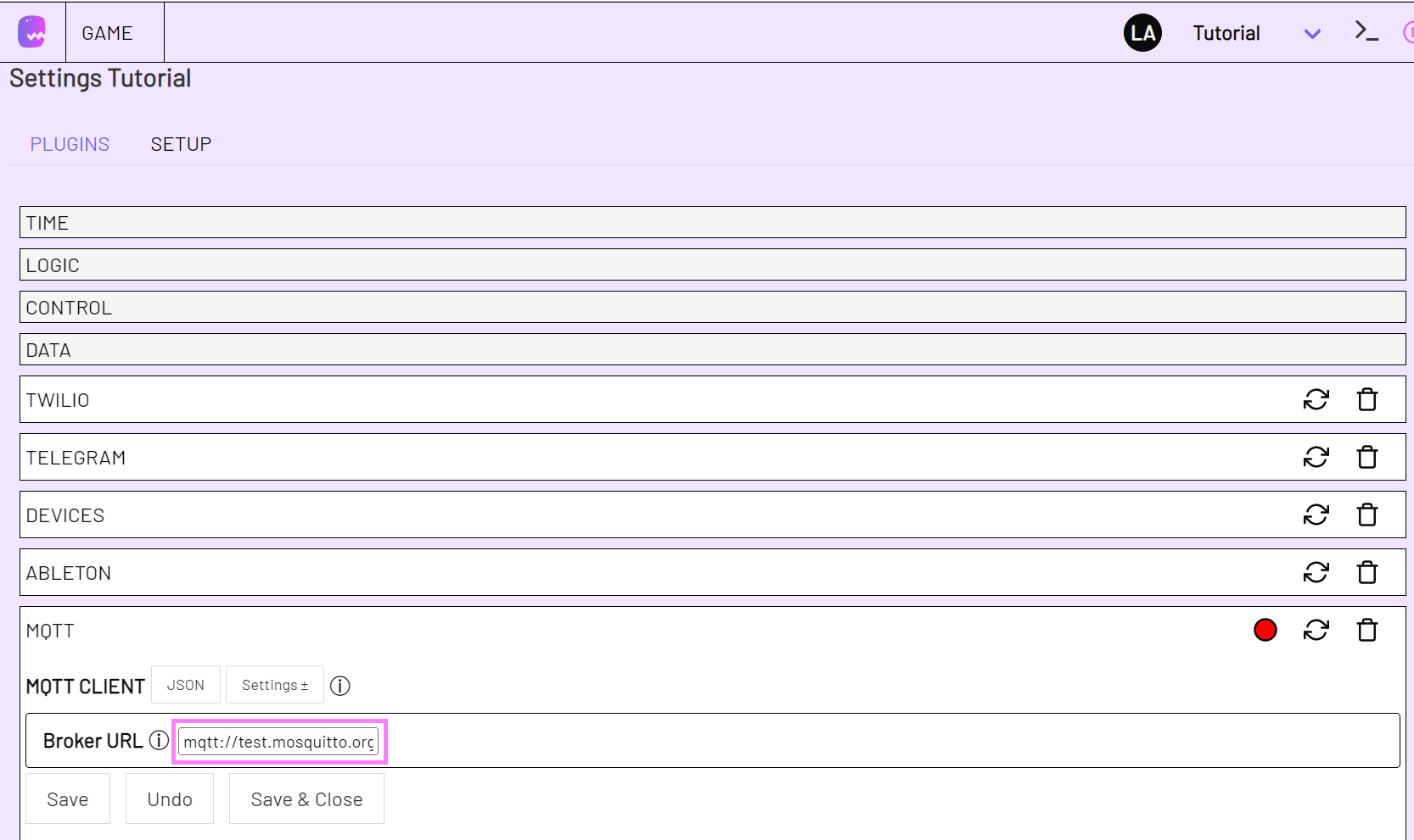 Screenshot of the game settings with MQTT plugin open