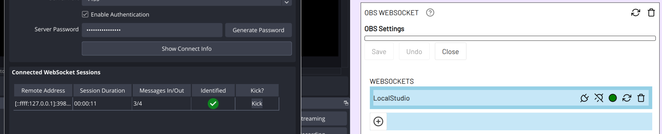 Screenshot Status der Verbindung