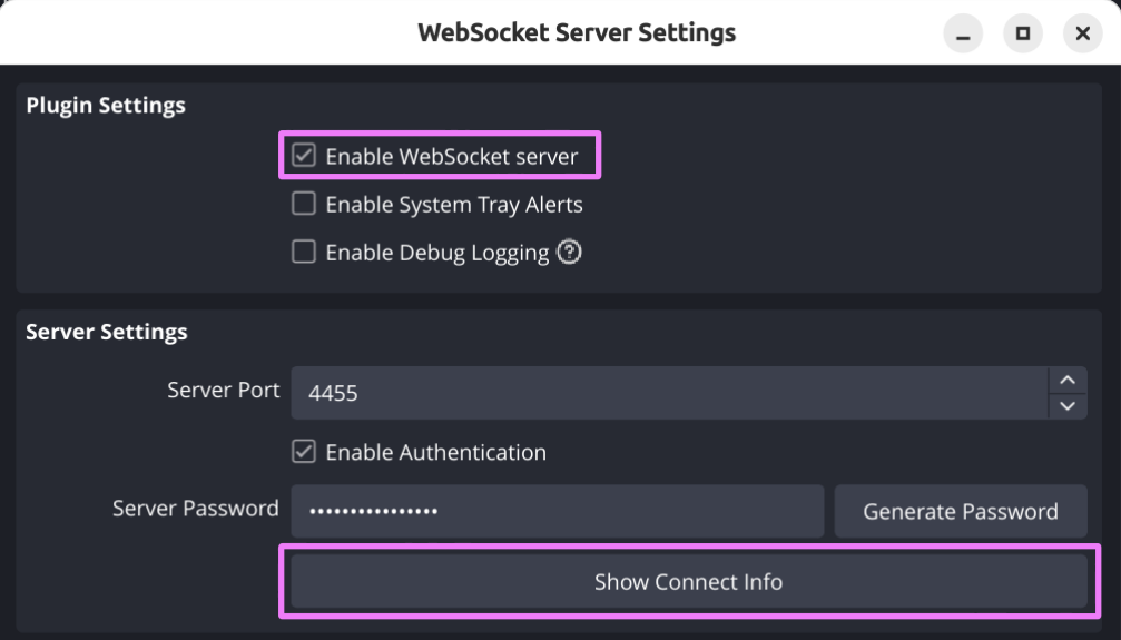Screenshot der OBS Websocket Einstellungen mit Authentifizierung