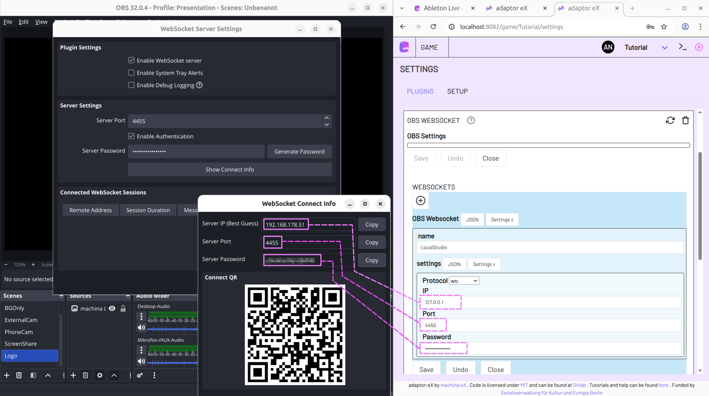 Screenshot OBS Studio und Plugin Settings nebeneinander