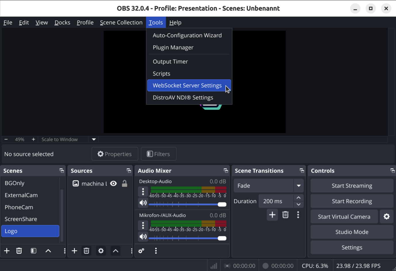 Screenshot der OBS Websocket Einstellungen