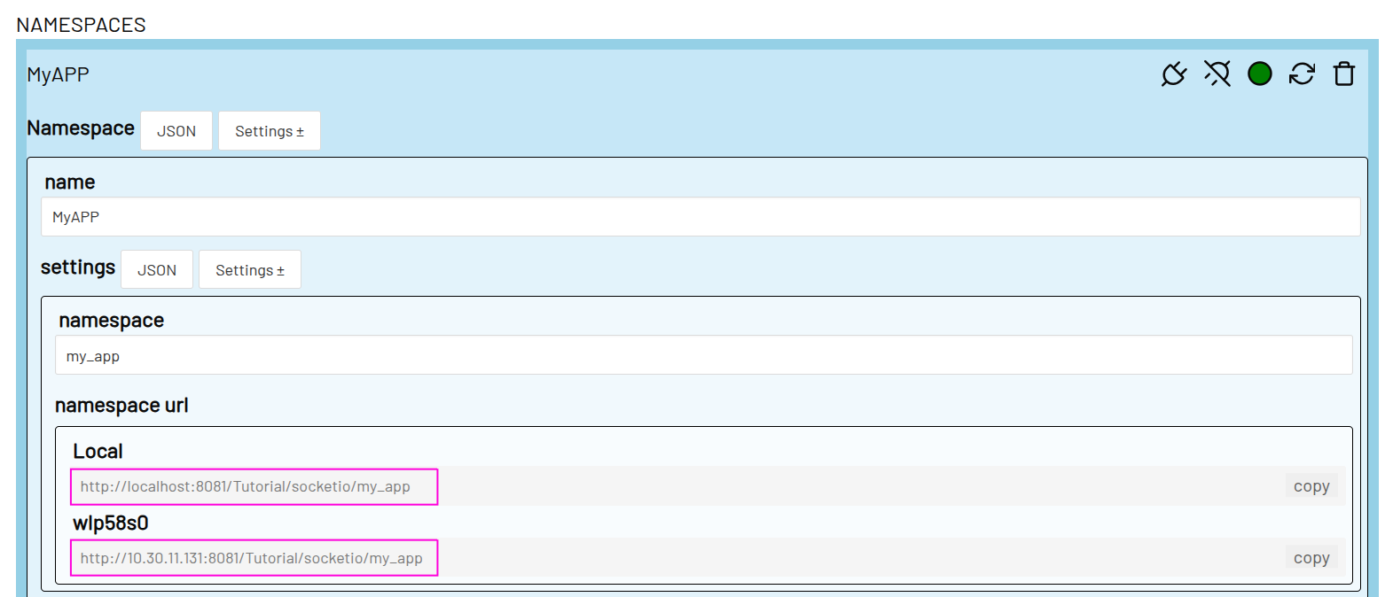 The namespace URLs are displayed after the namespace has been created