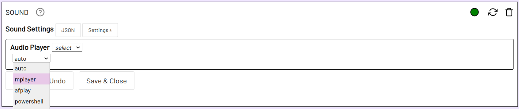 Screenshot of the Sound Plugin Settings with an open dropdown for audio player selection on mplayer