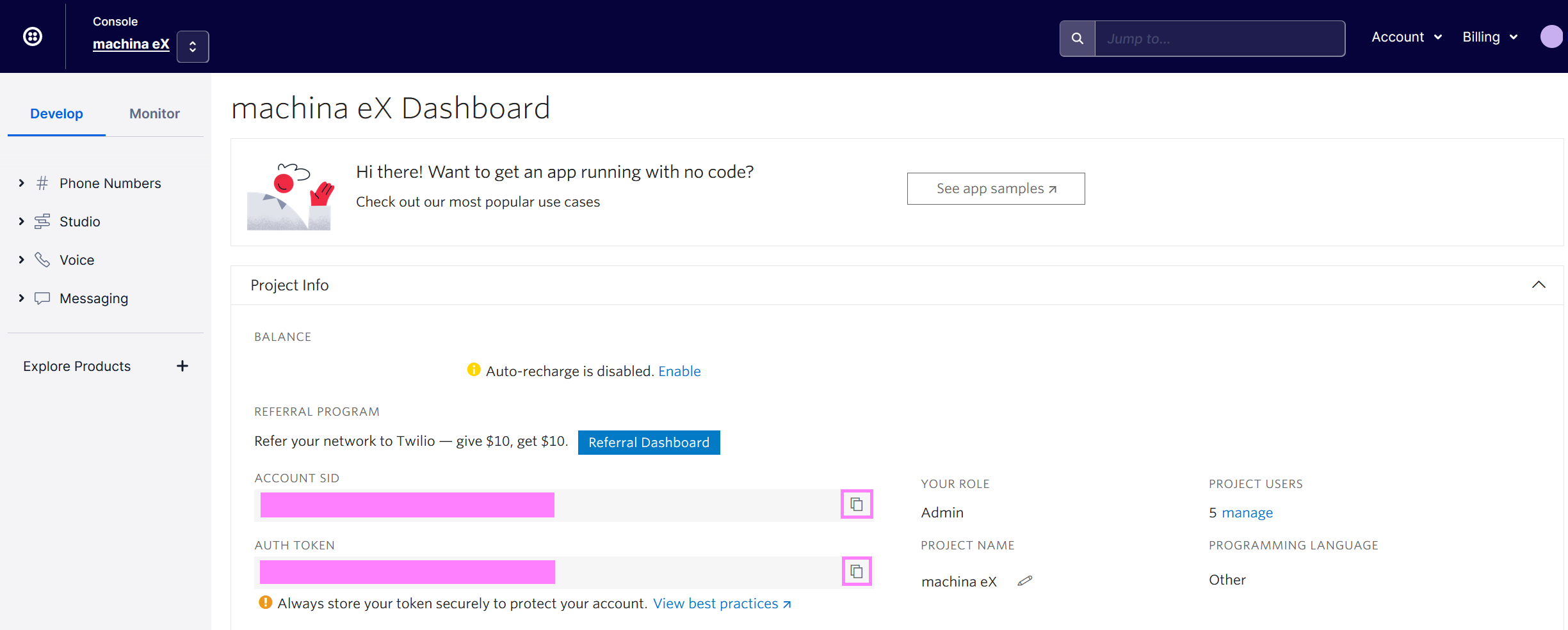 The twilio Dashboard with SID and Token