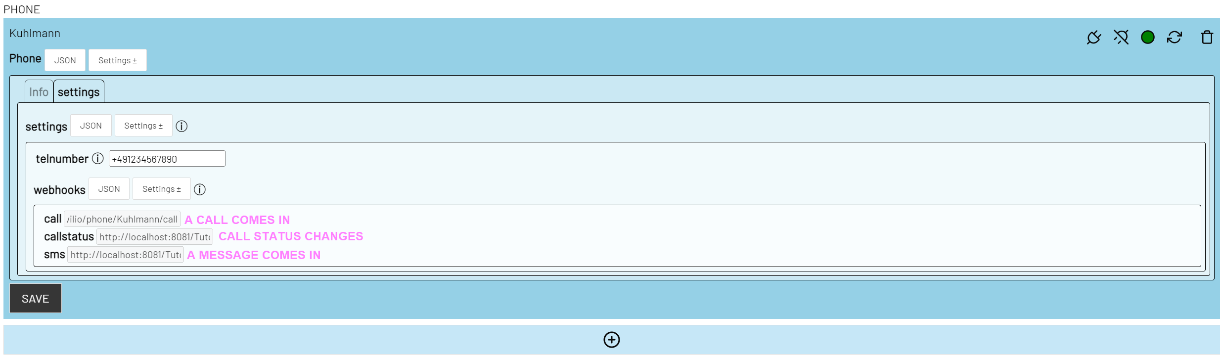Screenshot, webhooks in den phone item settings