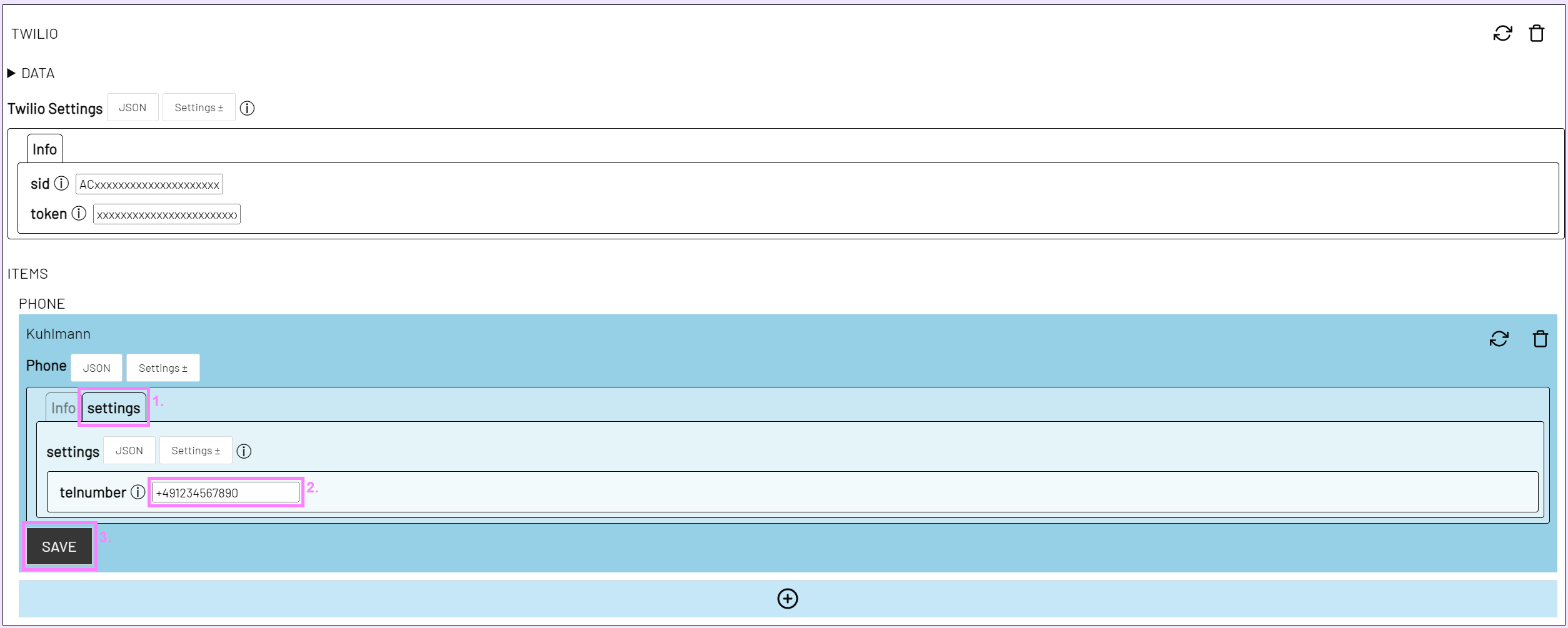 Screenshot, the settings for the twilio phone