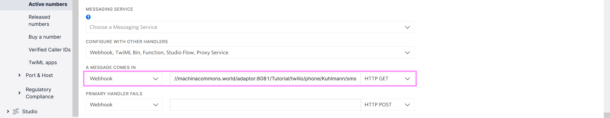 Screenshot, specify sms webhooks in Twilio