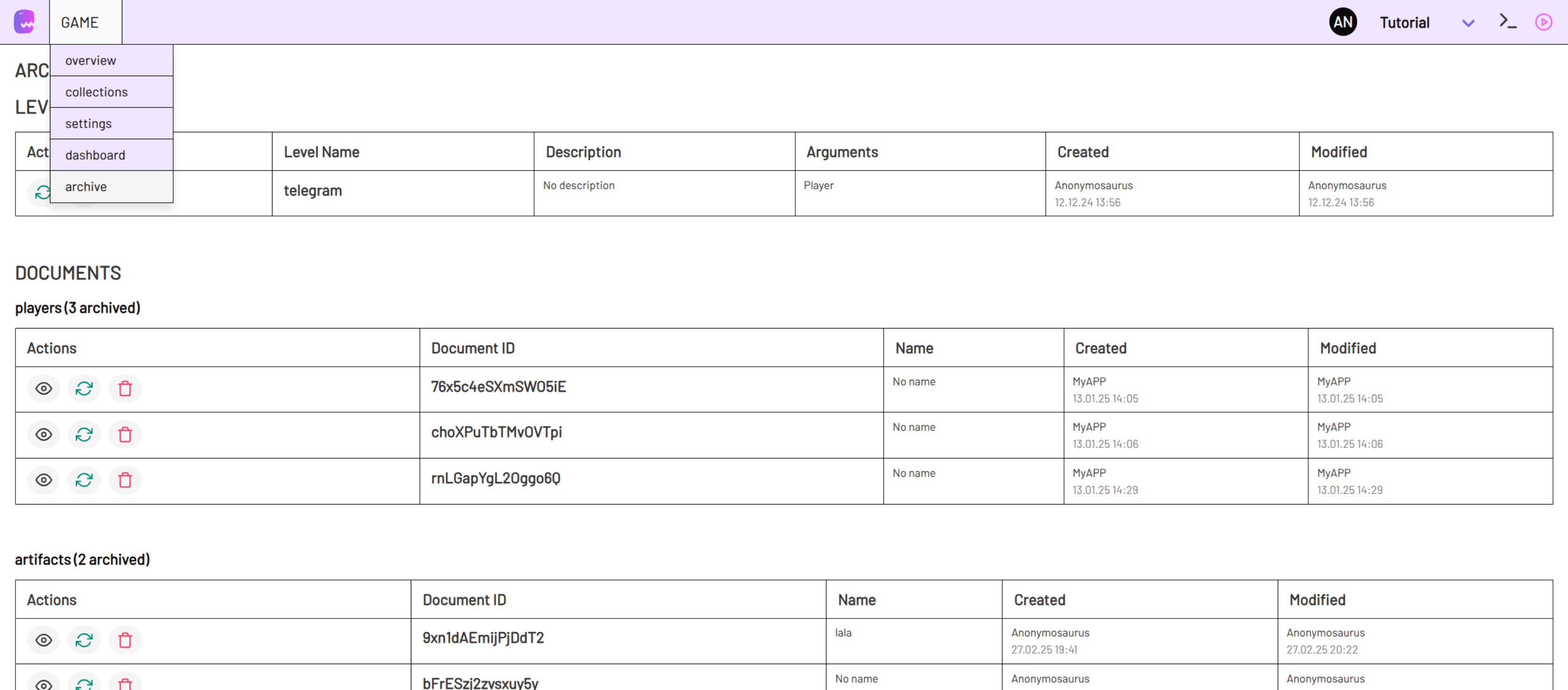Archive in game menu