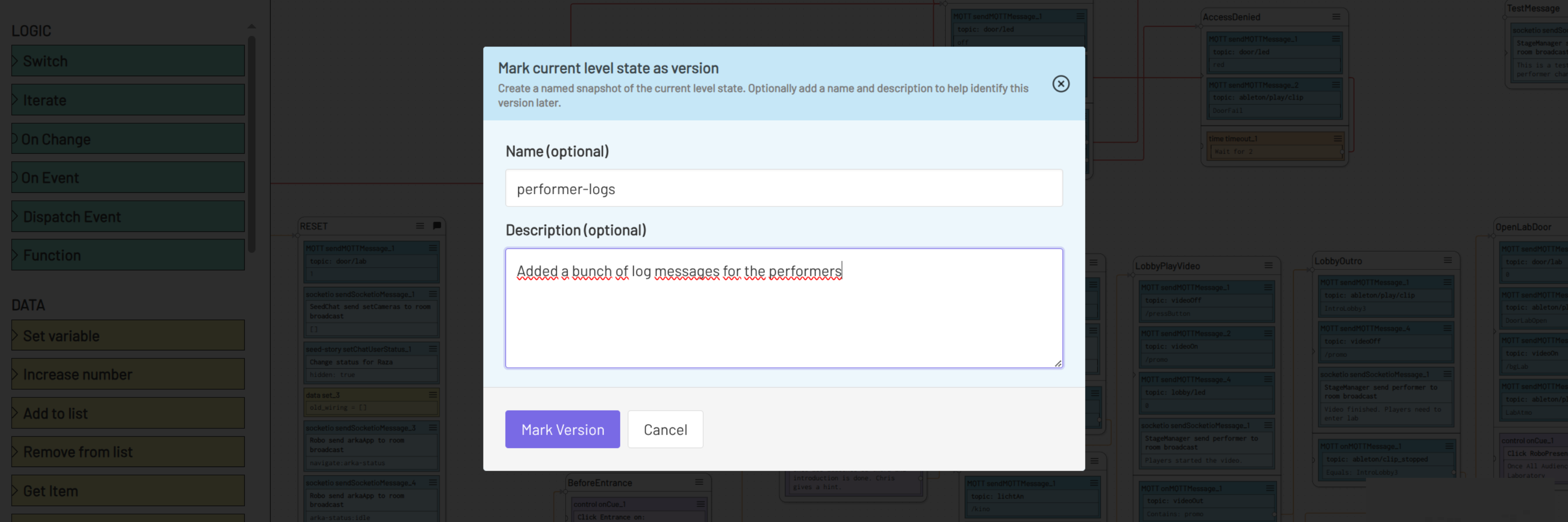 Window with options to mark as Version