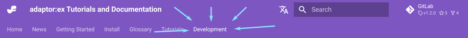 Screenshot of the adaptor:ex docs menu with arrows pointing to the Development tab