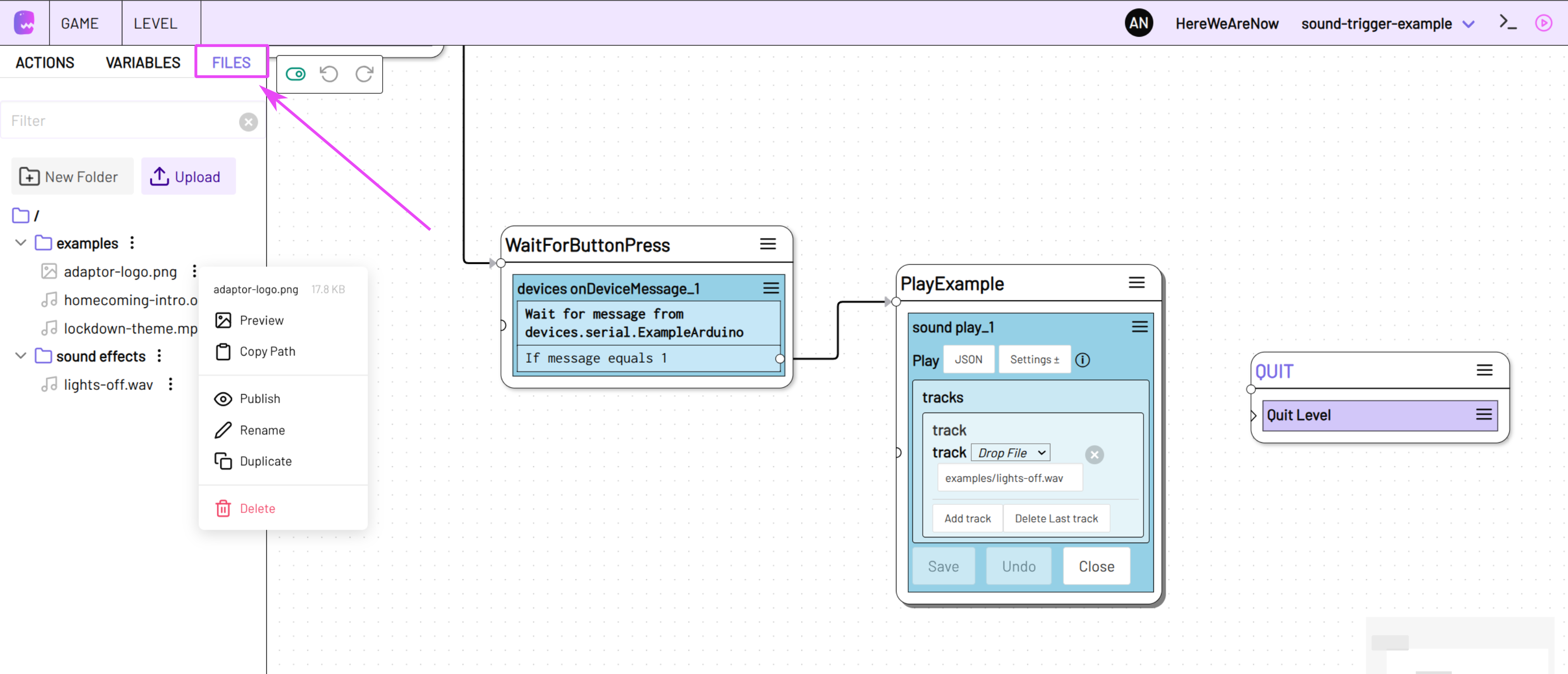 Screenshot of the adaptor:ex editor with files toolbar opened and context menu for a file open