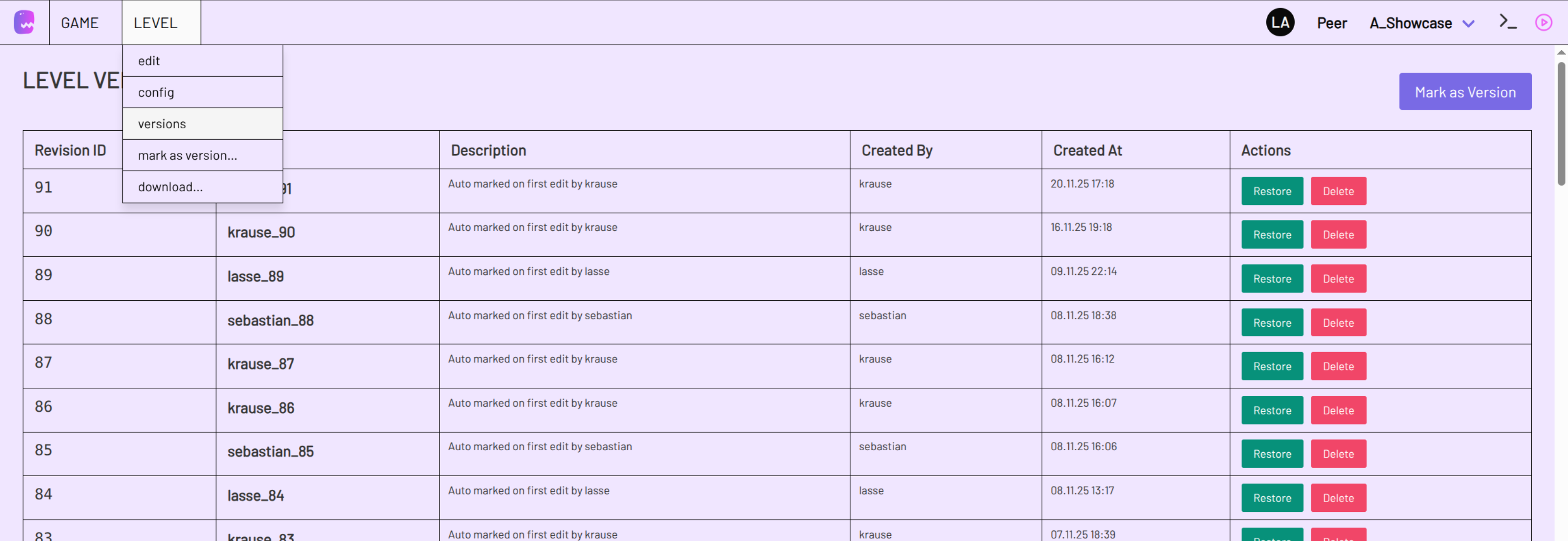 List of level versions for a level in A Seed Story