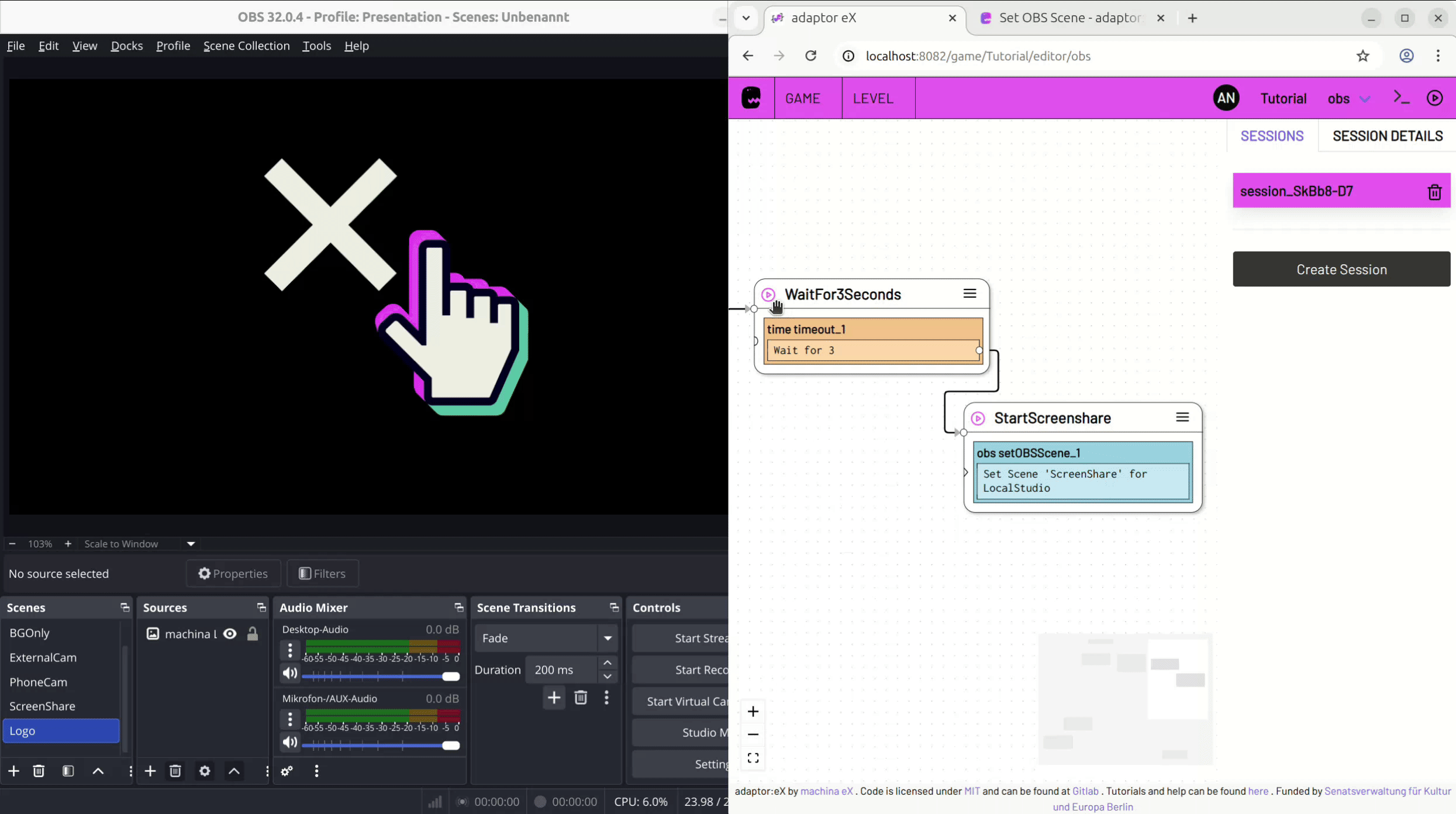 Side by Side Screen recording of adaptor:ex and OBS Studio switching scenes remotely